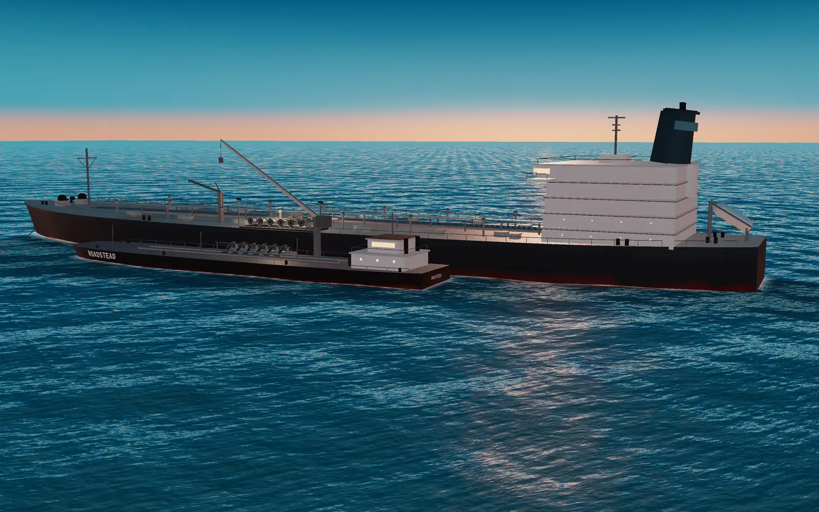 A bunker barge alongside a ship at anchor.