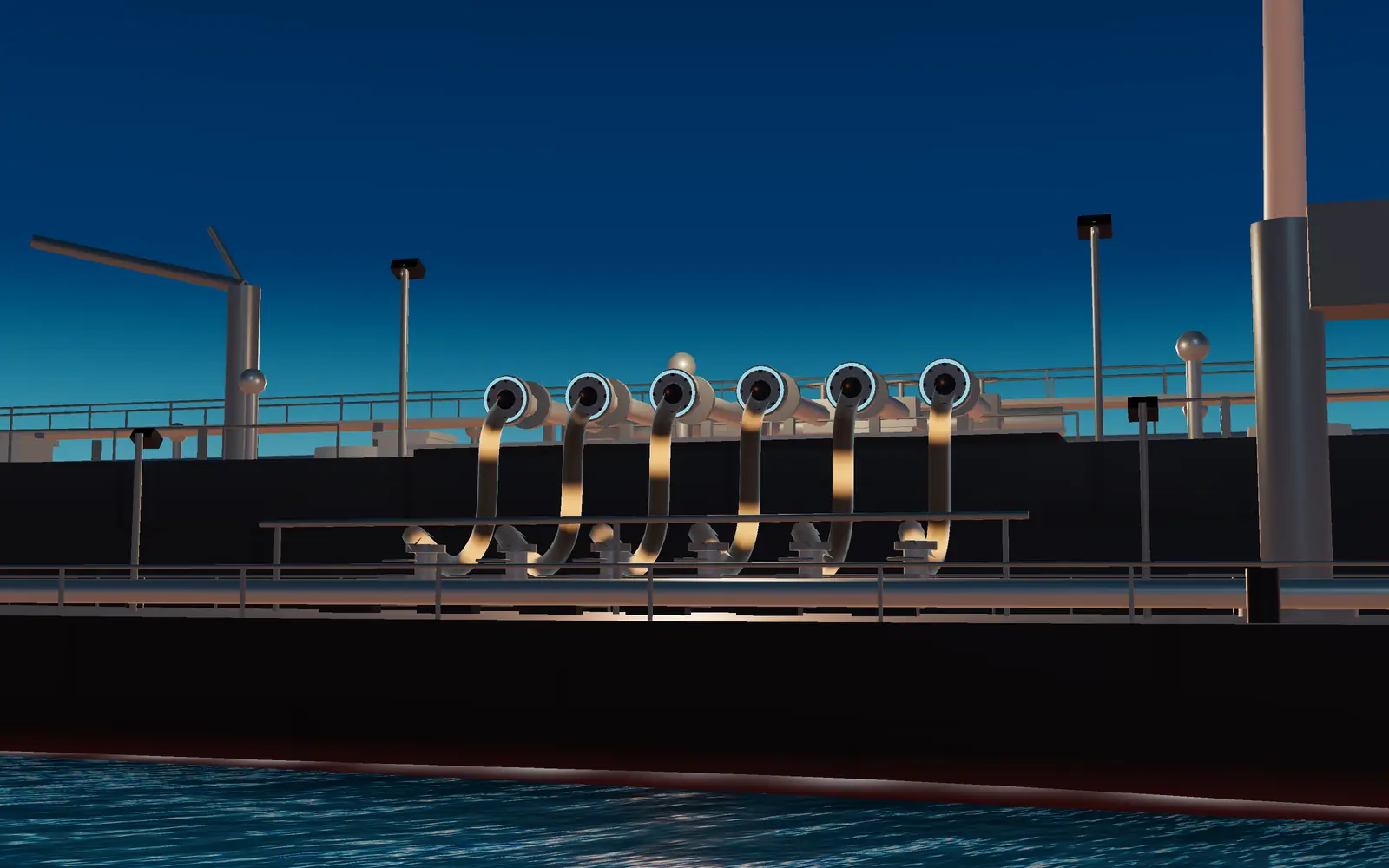 Fuel flowing through the hoses from the barge to the ship.