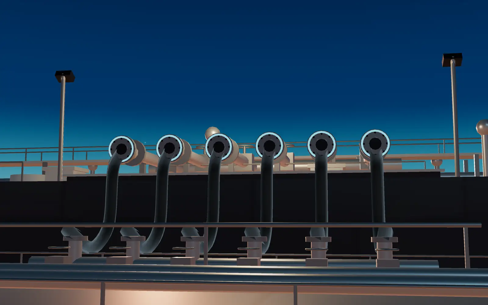Six hoses coupled to the ship's bunker manifold, one per grade.