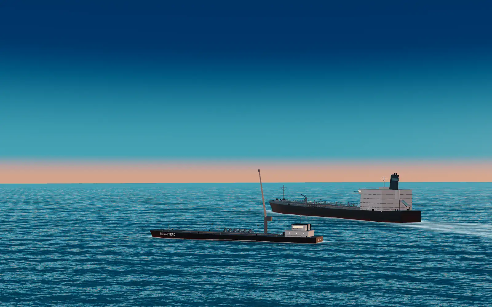 The ship under way, the barge casting off.