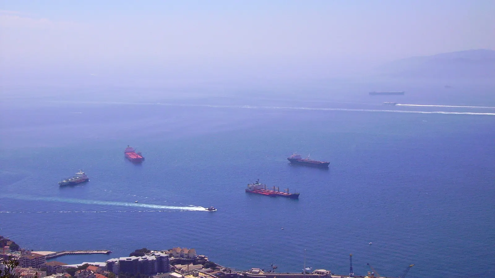 Ships at anchor in the Bay of Gibraltar, seen from the Rock