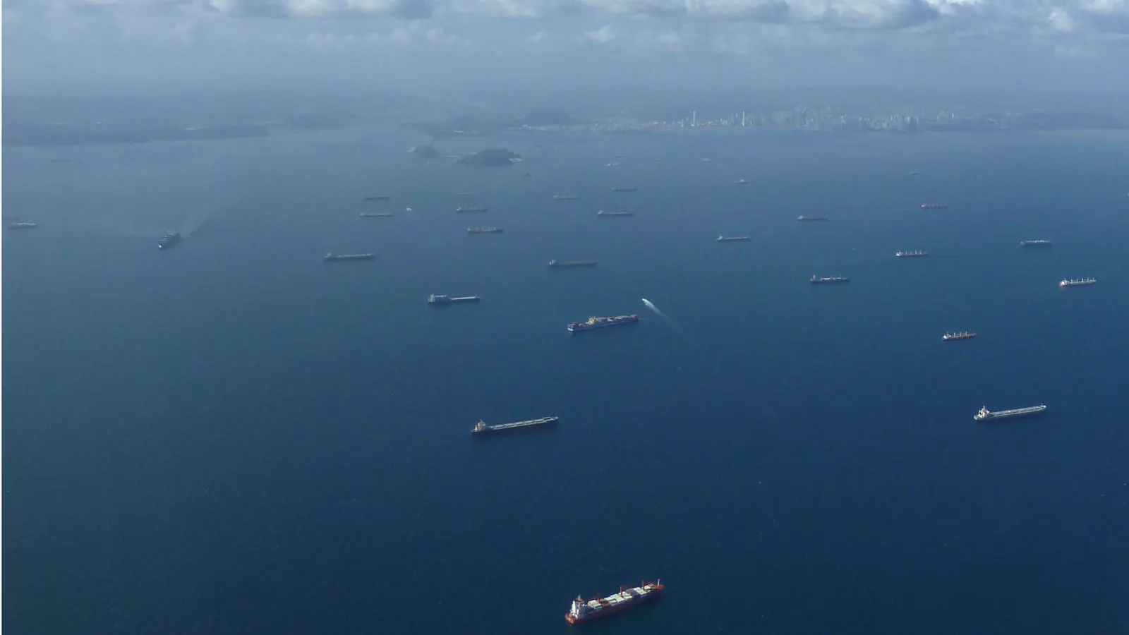 Ships at anchor off Panama City, waiting for the Panama Canal